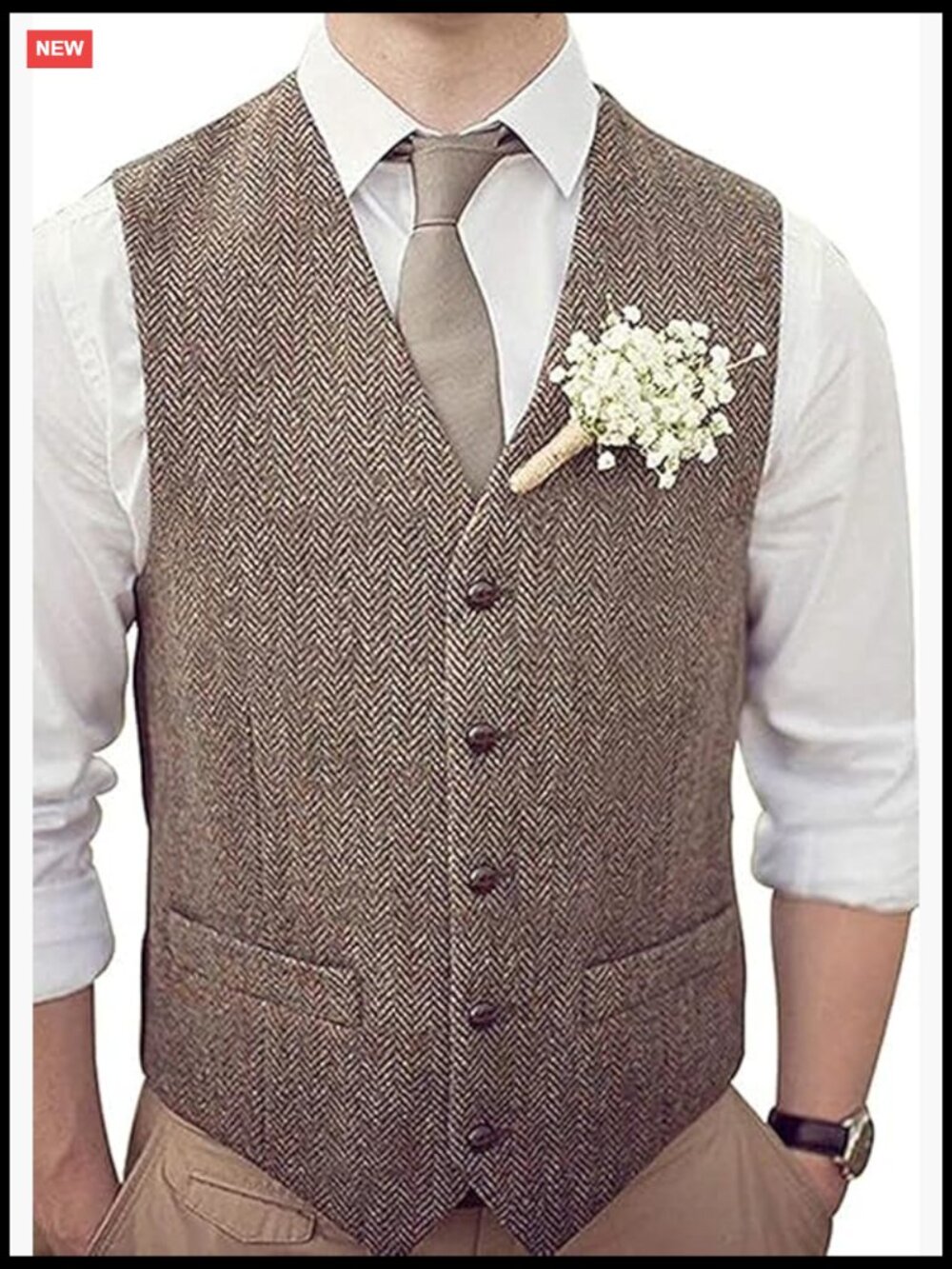 Men's Wool Herringbone Groom Vest Formal Tweed Waistcoat